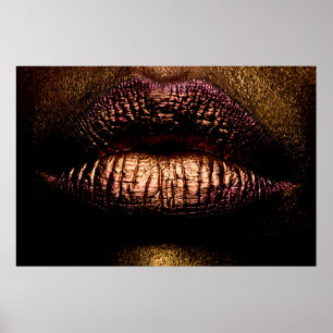 Golden lips closeup. Gold metal lip. Beautiful mak Poster