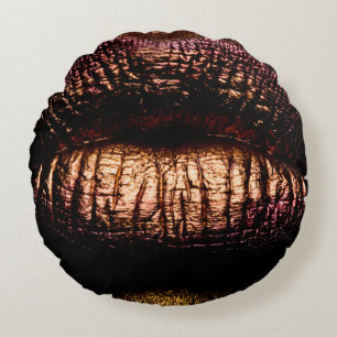 Golden lips closeup. Gold metal lip. Beautiful mak Round Cushion