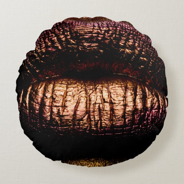 Golden lips closeup. Gold metal lip. Beautiful mak Round Cushion (Front)