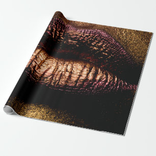 Golden lips closeup. Gold metal lip. Beautiful mak Wrapping Paper