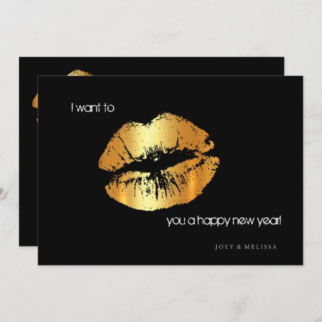 Golden lips Happy New Year invitation card (Front/Back)
