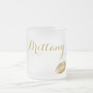 Golden lipstick kiss personalised frosted glass coffee mug