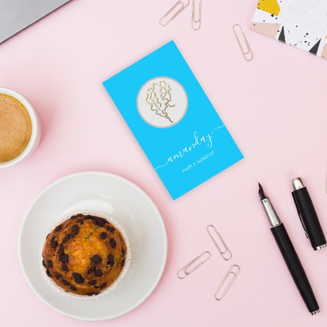 Golden Logo Hairdresser Makeup Artist Blue Business Card (Golden Logo Hairdresser Makeup Artist Blue Business Card)