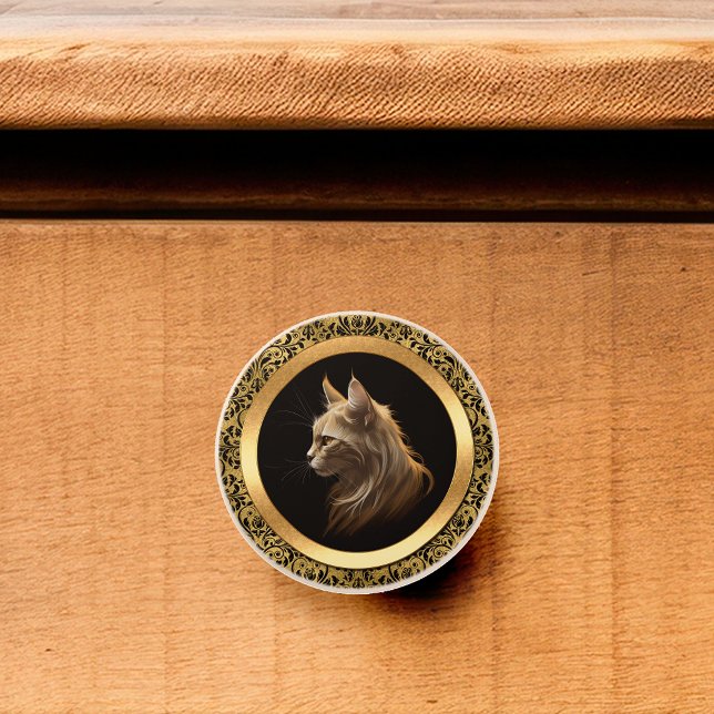 Golden Longhair Cat Framed In Damask Ceramic Knob (Creator Uploaded)