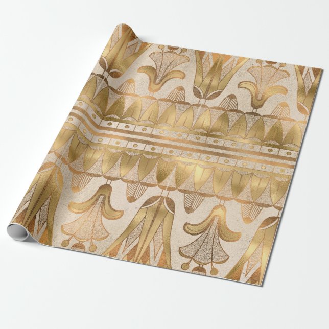 Golden Lotus and Papyrus Egyptian Motif Wrapping Paper (Unrolled)