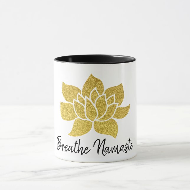 *~*  Golden Lotus Breathe Namaste Gold Lotus Yoga Mug (Center)
