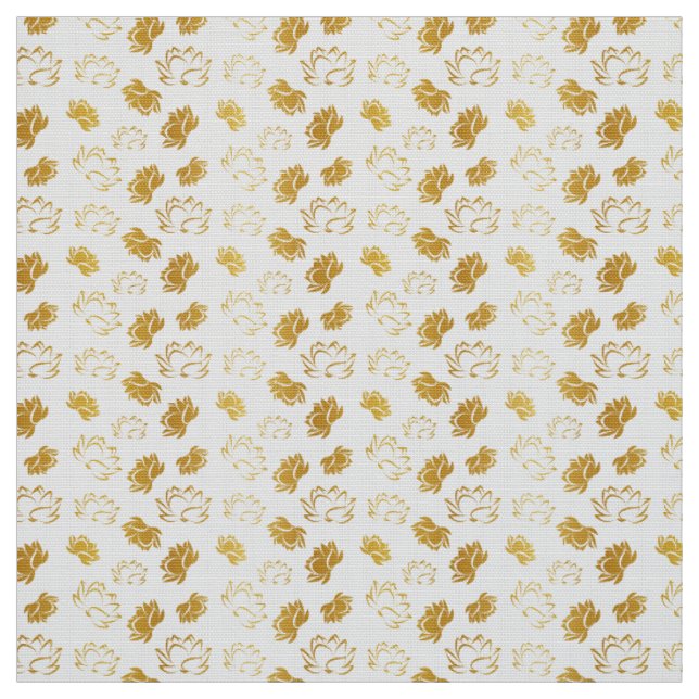 Golden Lotus Flower Pattern on white Background Fabric (Swatch)