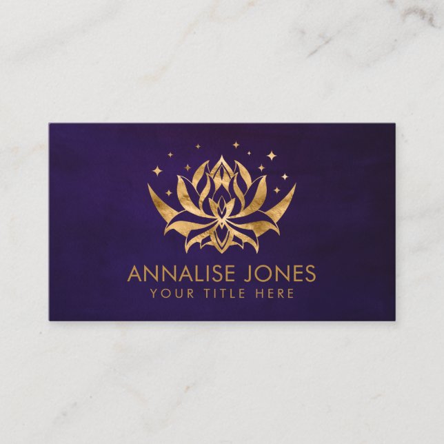Golden Lotus flower shape and moon on purple Business Card (Front)