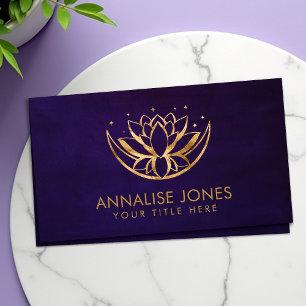 Golden Lotus flower shape and moon on purple Business Card
