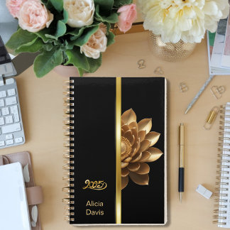 Golden Lotus on Black | your name | 2025 Planner