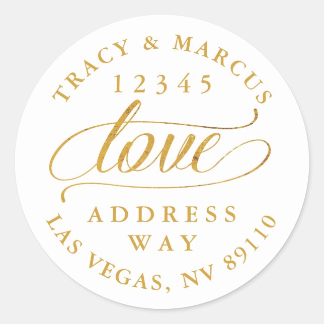 Golden Love Couples Wedding Address  Classic Round Sticker (Front)
