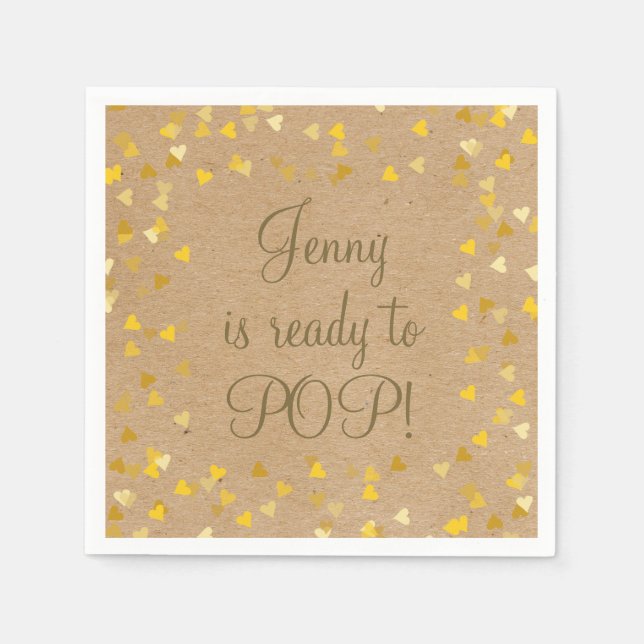 Golden Love Hearts She's Ready to Pop Baby Shower Napkin (Front)
