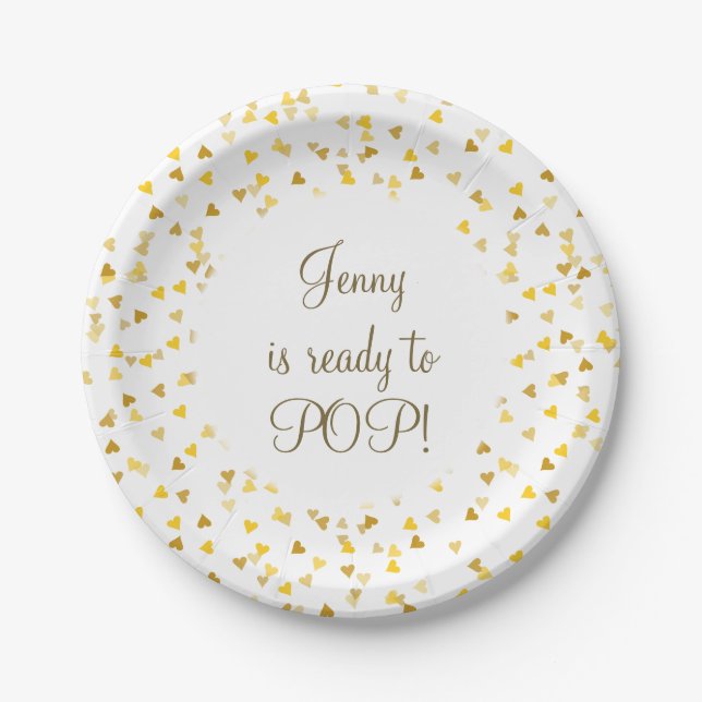 Golden Love Hearts She's Ready to Pop Baby Shower Paper Plate (Front)