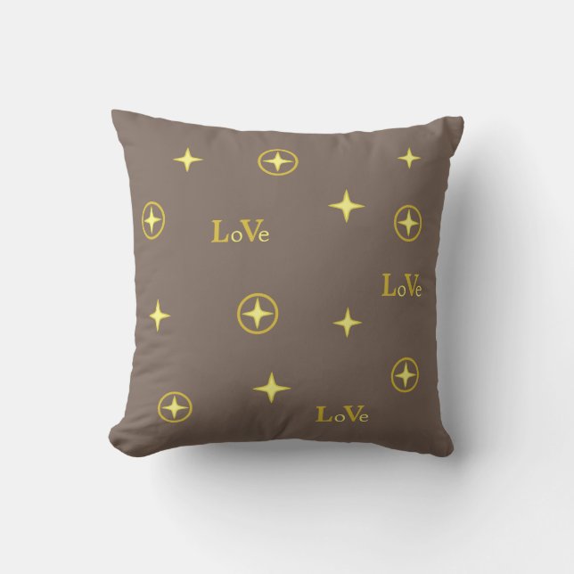 Golden Love Text and Stars on Brown Throw Pillow (Front)