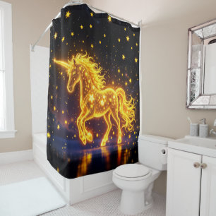 Golden lovely unicorn glow cute magic neon shower curtain