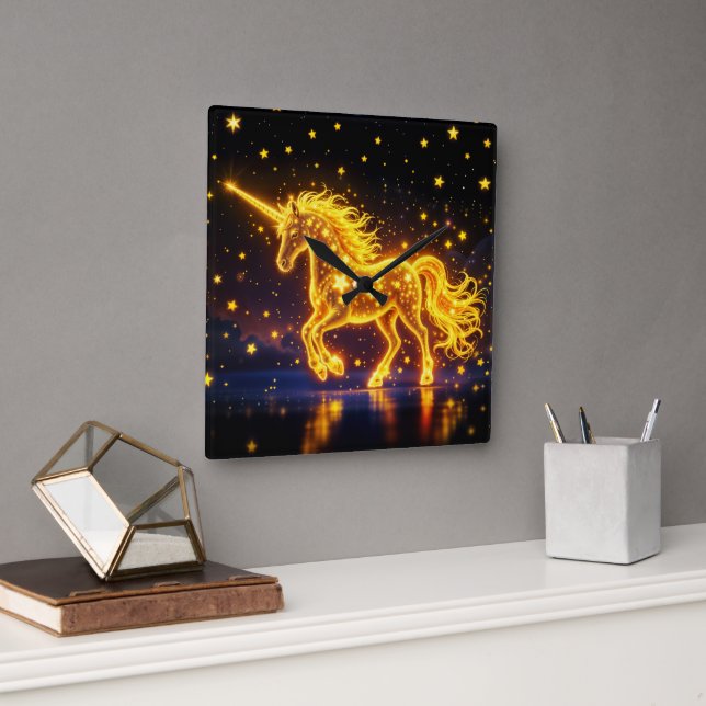 Golden lovely unicorn glow cute magic neon square wall clock (Office)