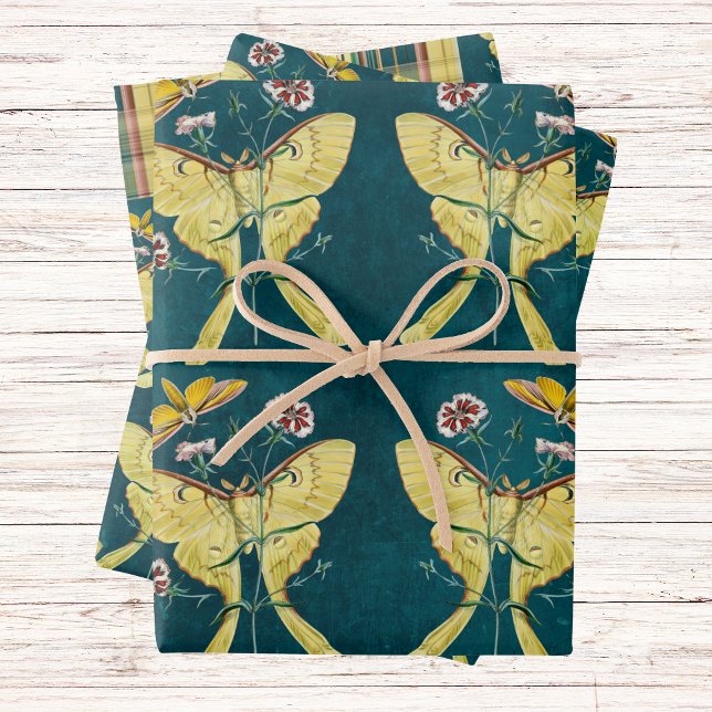 Golden Luna Moth with Flowers on Teal with Plaid Wrapping Paper Sheet (Creator Uploaded)