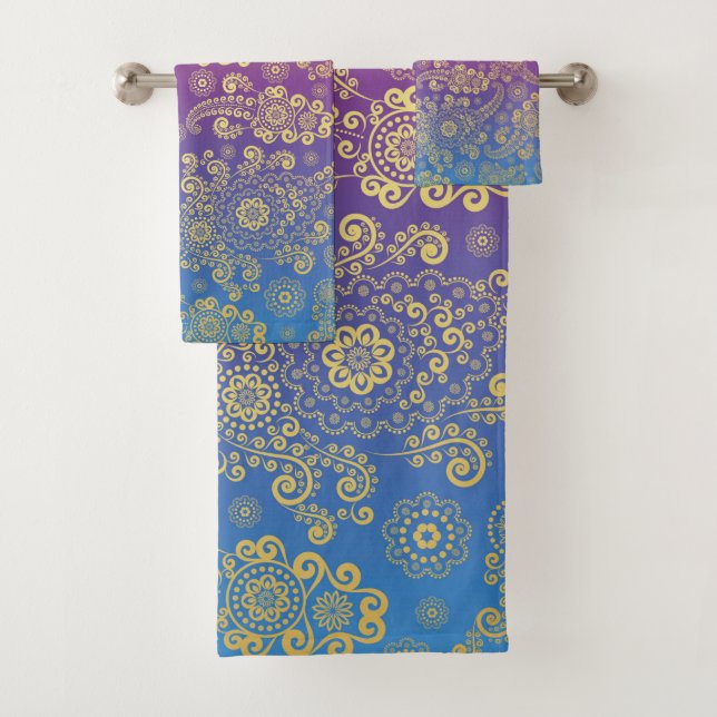Golden Luxury Paisley on Blue, Purple and Orange Bath Towel Set (Insitu)