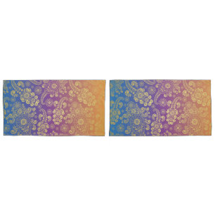 Golden Luxury Paisley on Blue, Purple and Orange Pillowcase