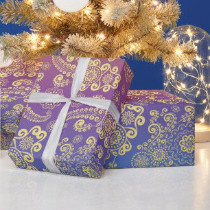 Golden Luxury Paisley on Blue, Purple and Orange Wrapping Paper
