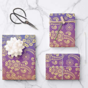 Golden Luxury Paisley on Blue, Purple and Orange Wrapping Paper Sheet