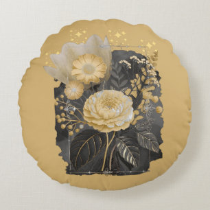 Golden Magical Floral Bouquet in Silver Frame Round Cushion