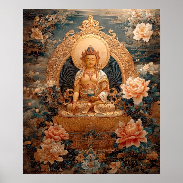 Golden Maitreya Buddha Pink Flowers Illustration Poster (Front)