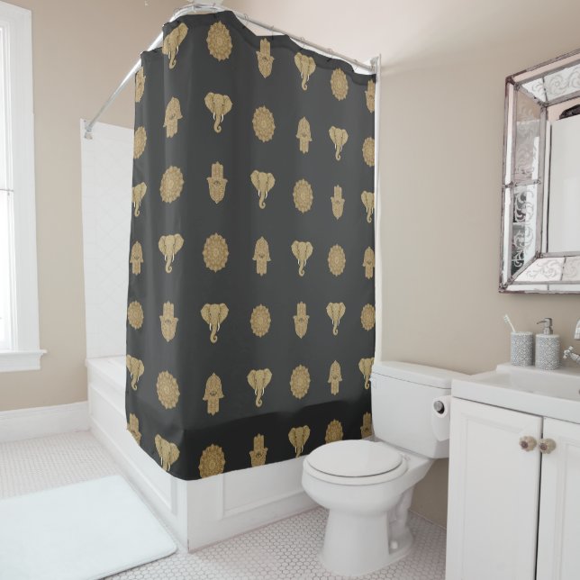 Golden Mandala Elephant Hamsa Hand -Boho Art Print Shower Curtain (In Situ)