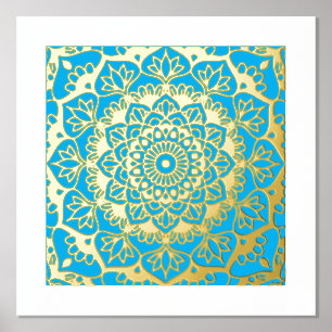 Golden Mandala on Blue Foil Prints
