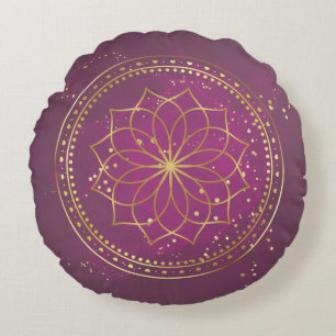 Golden Mandala on Plum Elegant Sacred Geometry A Round Cushion