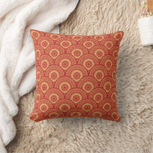 Golden mandala waves on red background cushion