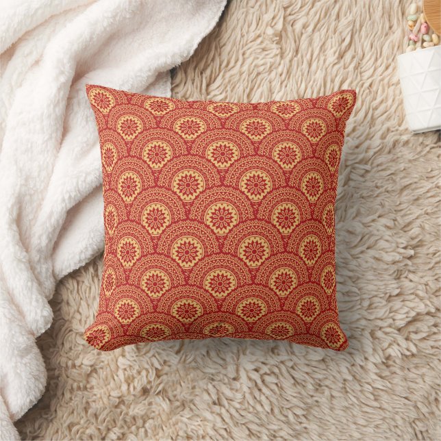 Golden mandala waves on red background cushion (Blanket)