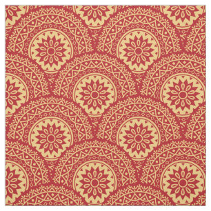 Golden mandala waves on red background fabric