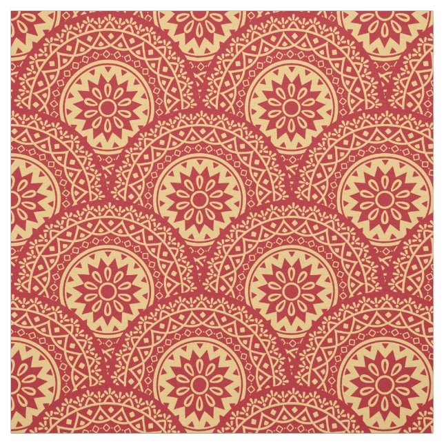 Golden mandala waves on red background fabric (Swatch)