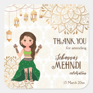 Golden mandala with cute Indian bride personalised Square Sticker