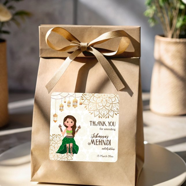 Golden mandala with cute Indian bride personalised Square Sticker (Golden mandala with cute Indian bride personalized Square Sticker)