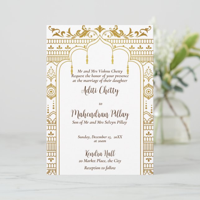 Golden mandap indian pattern design  invitation (Standing Front)
