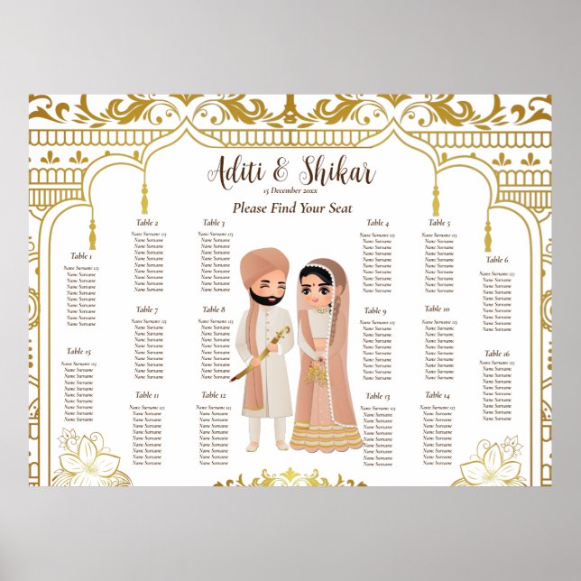 Golden mandap Indian wedding seating chart max 16  (Front)