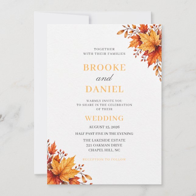 Golden Maple Leaf Corner Wedding Invitation (Front)