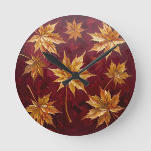 Golden Maple Leaves Autumn Painting Round Clock