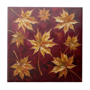 Golden Maple Leaves Autumn Painting Tile