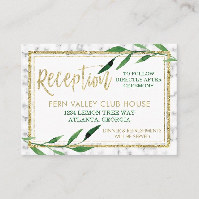 Golden Marble Wedding Reception Card, Greenery Enclosure Card (Front)