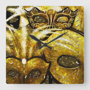 Golden Mardi Gras Masks Wall Clock