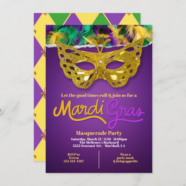 Golden Mardi Gras Masquerade Celebration Invitation (Front/Back)