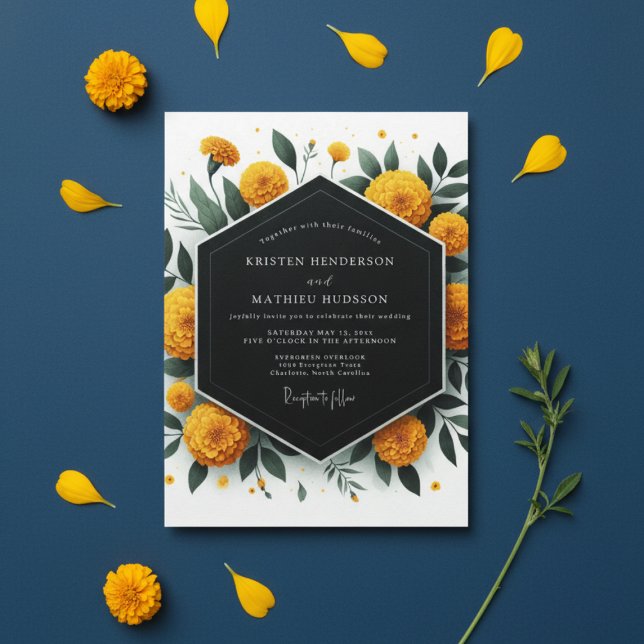 Golden Marigold Botanical Romance Wedding Invitation (Creator Uploaded)