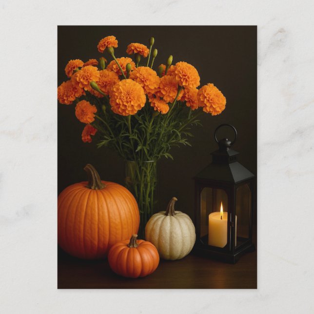 Golden Marigolds Pumpkin Glow Candlelight Postcard (Front)