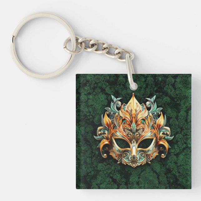 Golden Mask on Forest Green Background Key Ring (Front)