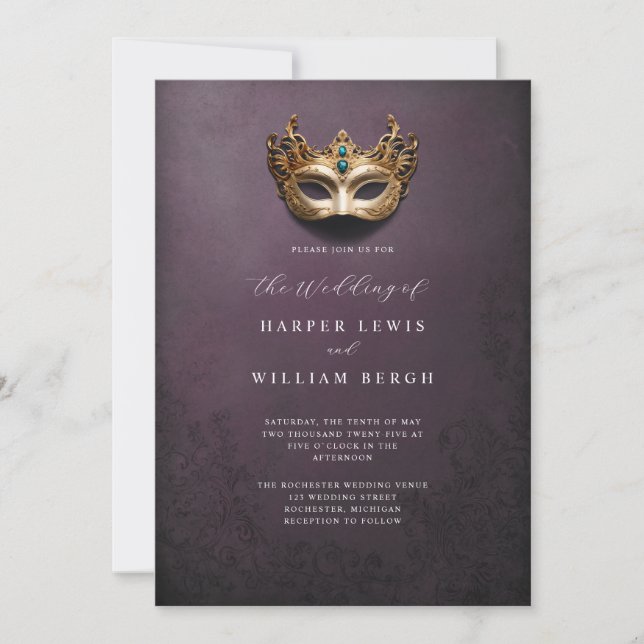 Golden masquerade mask wedding invitation (Front)