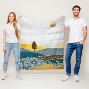 Golden Meadow with Tree and Deer Fleece Blanket