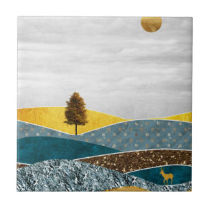 Golden Meadow with Tree and Deer Tile